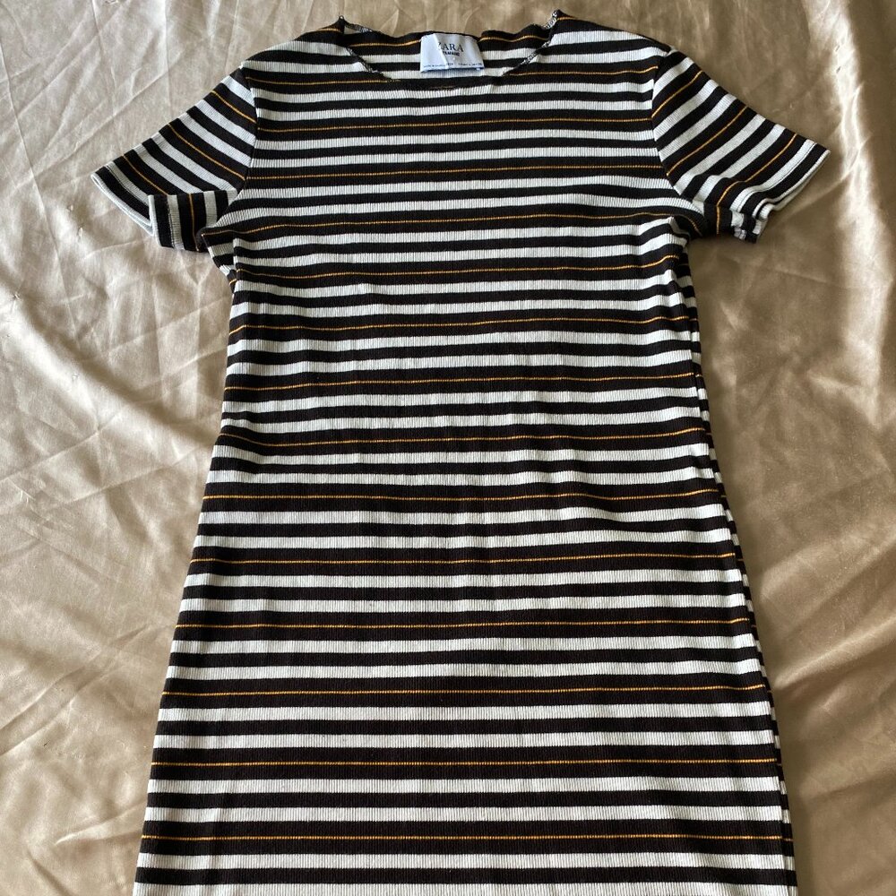 Zara Black white yellow striped dress
